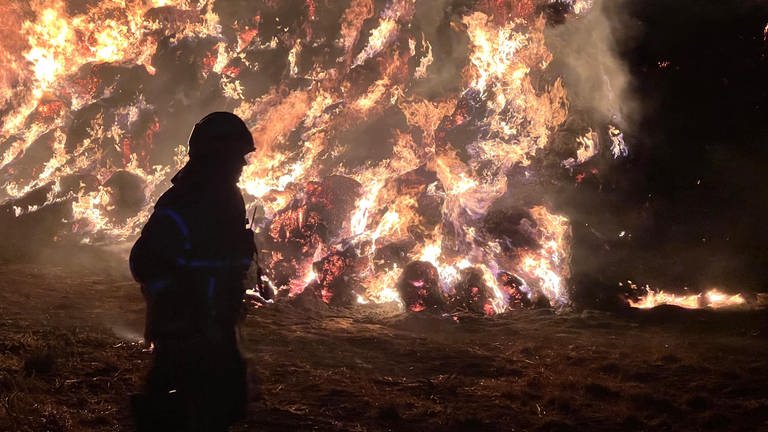 Feuerwehrleute löschen brennende Heuballen in Worms (Foto: Feuerwehr Worms / Stadtverwaltung)