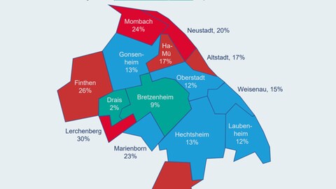 Ausschnitt aus der Karte des Bündnisses gegen Kinderarmut zur Armutsquote 2021 in den Mainzer Stadtteilen. (Foto: Mainzer Bündnis Gleiche Chancen für alle Kinder)
