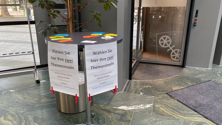 Auf einem Tisch im Mainzer Stadthaus liegen Zettel, auf denen Diskussionsthemen zum Klimawandel in der Stadt Mainz stehen, die sich die Bürgerinnen und Bürger aussuchen können (Foto: SWR, Sabine Steinbrecher)