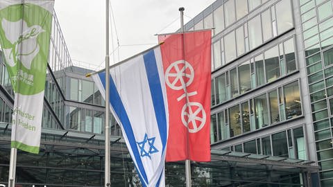 Der Mainzer Bürgermeister Beck hisst die neue Israel-Flagge. Die alte wurde vor dem Stadthaus abgerissen und angezündet. (Foto: SWR)