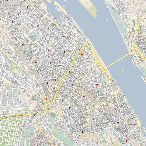 Auf einer Karte der Mainzer Innenstadt zeigen rote Punkte die Abstellzonen für E-Tretroller. (Foto: OpenStreetMap)