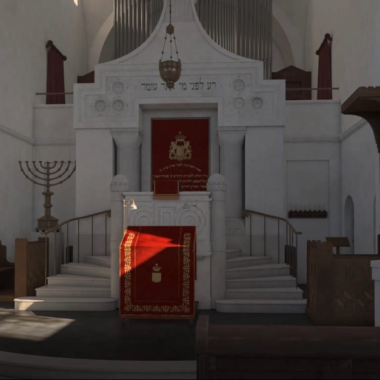 Virtuelle Ansicht der Synagoge von innen, mit Toraschrein und Bima. (Foto: Arbeitskreis jüdisches Bingen)
