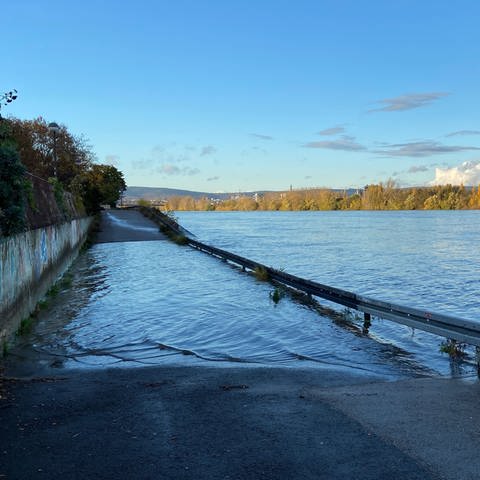 Der Rhein tritt in Mainz über die Ufer. 
