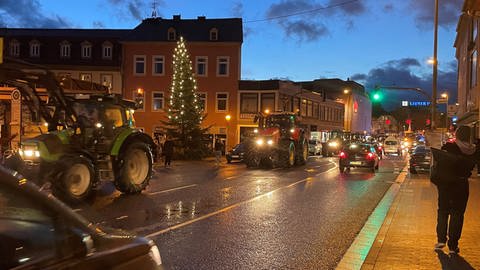 In Bad Kreuznach demonstrieren am Donnerstagabend knapp 300 Traktoren gegen die Sparpläne der Bundesregierung. (Foto: SWR)