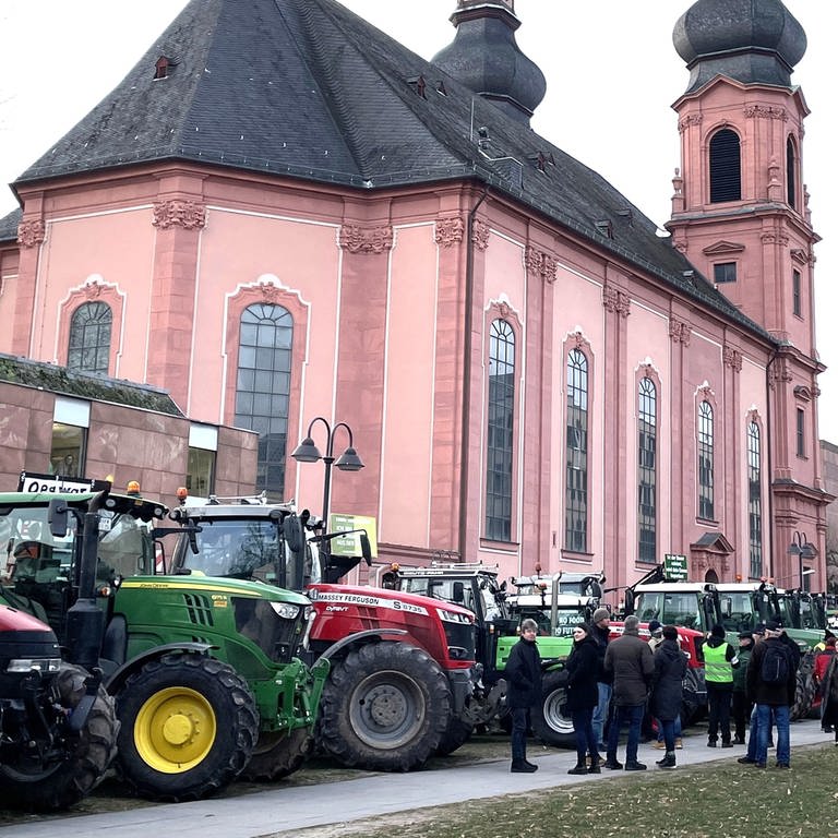 Mit Dutzenden Traktoren haben sich Landwirte im Mainzer Regierungsviertel versammelt. (Foto: SWR, Tjada Huchtkötter)