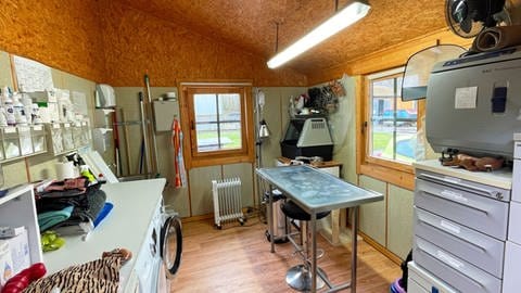 Im Tierheim in Bingen gibt es einen kleinen Behandlungsraum in einer Holzhütte. Da es wenig Platz gibt, stehen in dem Raum auch Waschmaschinen.
