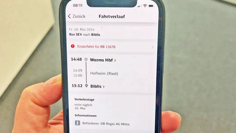 In der DB-App wird darauf hingewisesn, dass zwischen Worms und Biblis Busse fahren.