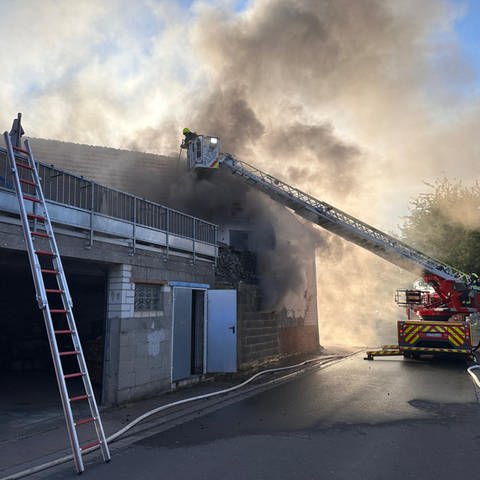 Rauch über dem Haus, ein Feuerwehrmann löscht von der Leiter aus: Brand in Dintesheim: Bewohner retten sich über Balkon
