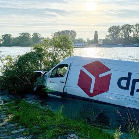 Ein weißer Transporter mit der Aufschrift "dpd" steht zur Seite geneigt im Rhein bei Worms.
