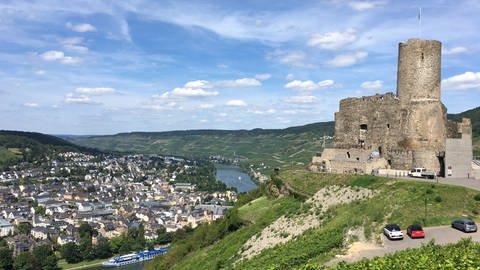 Sicht auf Bernkastel-Kues mit der Burgruine Landshut und Weinreben (Foto: SWR, Sebastian Grauer)