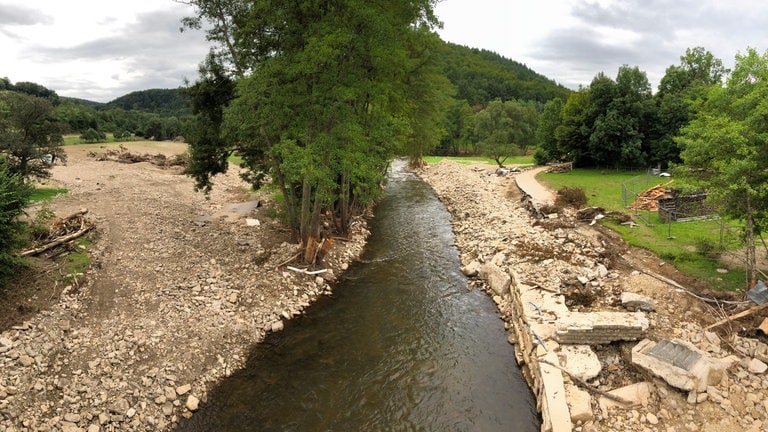 Die Nims hat mit voller Wucht eine Abkürzung durch ein Feld genommen und viele Brückenteile über ein ganzes Feld zerstreut - bevor sie hier bei Irrel in die Prüm geflossen ist (Foto: SWR, Lara Bousch)