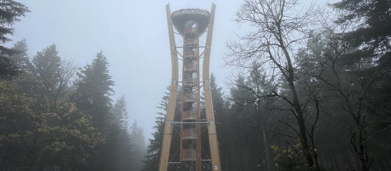 Der neue Idarkopfturm im Idarwald bei Stipshausen umhüllt von Nebel. (Foto: SWR)