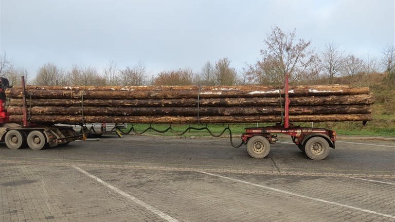 Polizei stoppt Holztransport mit defektem Reifen und 11 Tonnen Überladung in der Eifel (Foto: Polizei Trier)