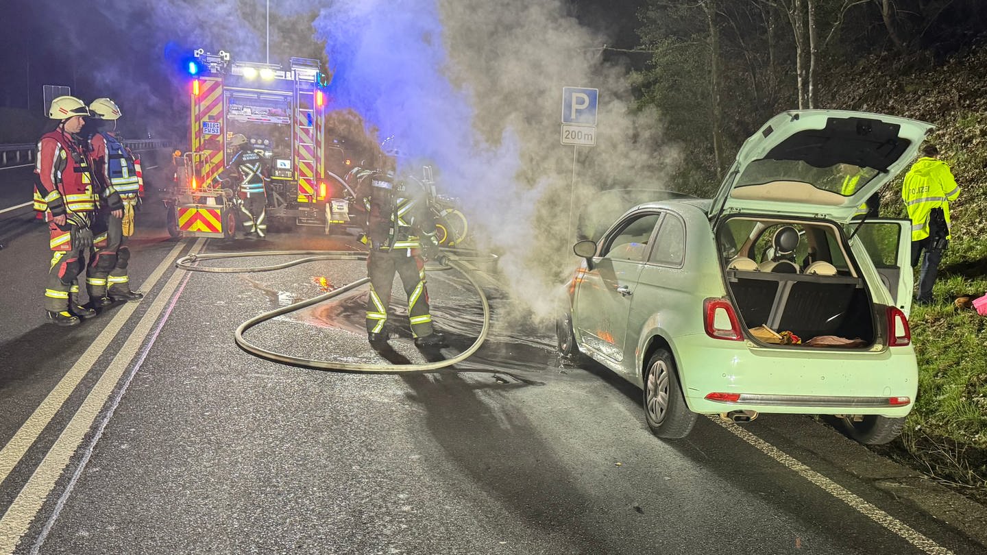 Nach dem das Auto bei Birkenfeld Feuer gefangen hatte, sprang ein Hund aus dem Wagen und wurde vom Gegenverkehr überfahren. (Foto: Foto Hosser/ Christian Schulz)
