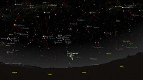 So soll der Himmel am 10. April um 21:30 Uhr aussehen. Schaut man Richtung Nordwesten auf den Horizont, sollte der Komet in der Nähe des hellen Jupiters und der Mondsichel zu sehen sein. (Foto: Astronomische Vereinigung Vulkaneifel am Hohen List)