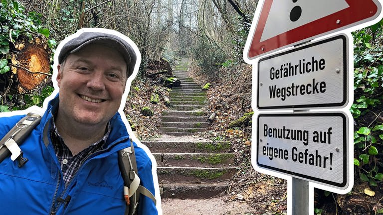 Bildmontage: Reporter Martin Schmitt vor Treppen am Wanderweg Himmelsleiter in Trier (Foto: SWR)