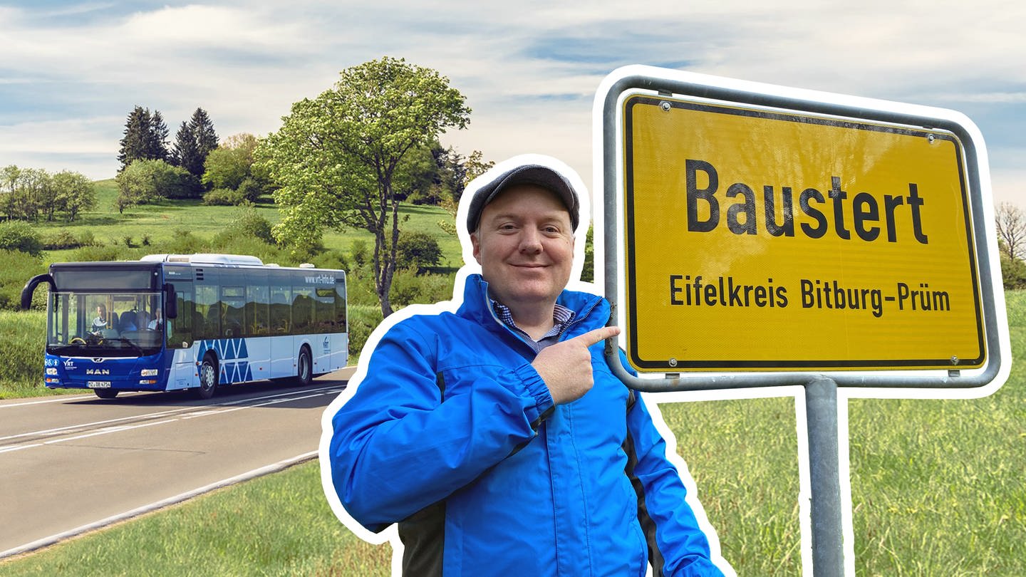 Bildmontage: SWR-Reporter Martin Schmitt steht vor einem Ortsschild von Baustert, im Hintergrund fährt ein VRT-Bus (Foto: SWR, VRT)