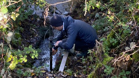 Matthias Heck vom NABU Südeifel entnimmt eine Probe an der Stelle, an der die Kläranlage Dudeldorf Wasser in den Langebach leitet. (Foto: SWR, Anna-Carina Blessmann)