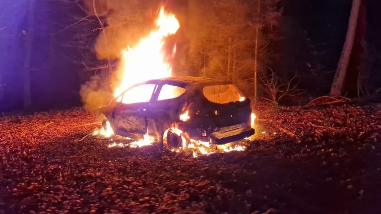 Das brennende Auto von Steffen Braun in einem Waldstück. (Foto: Staatsanwaltschaft Trier und das Polizeipräsidium Trier)