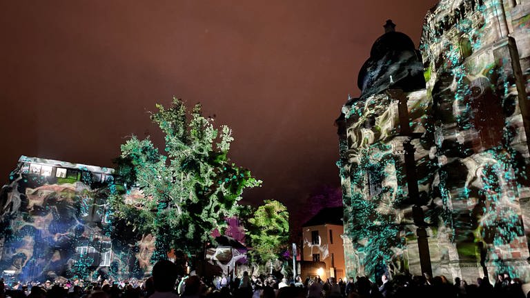 Viele bunt beleuchtete Gebäude bei der Illuminale Trier 2023