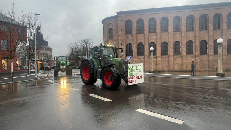 Landwirte und Winzer aus der Region Trier sind auf Traktoren zu einer Demo nach Trier gefahren.
