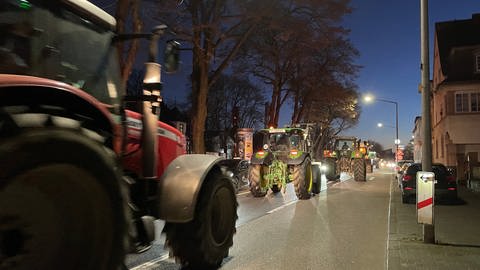 Mit 35 Traktoren fuhren Landwirte mit Einbruch der Dunkelheit in die Stadt hinein und sorgten im ohnehin stockenden Feierabendverkehr für zusätzliche Wartezeiten. 