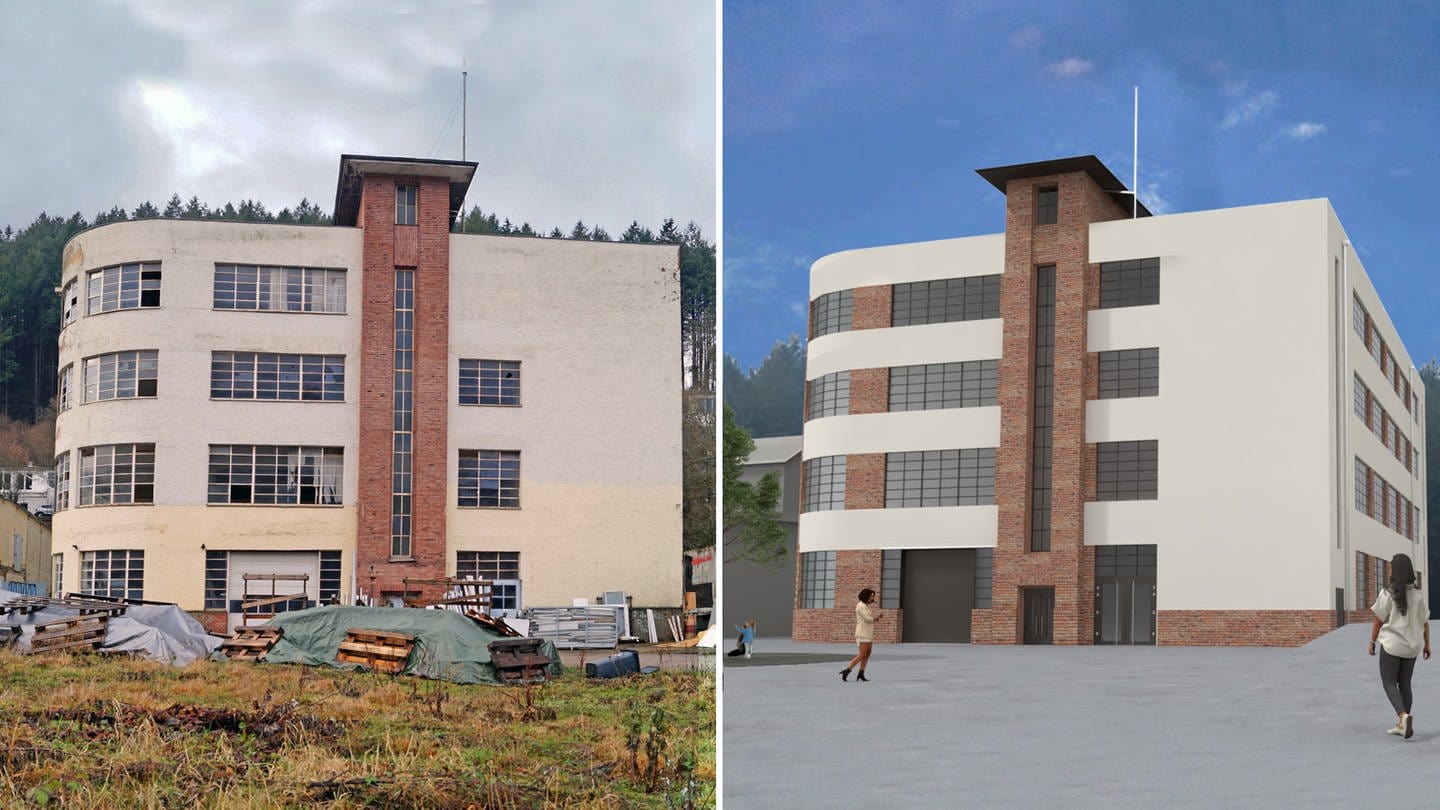 Bildmontage: bestehendes und zukünftiges Gebäude auf dem Romika-Areal in Gusterath (Foto: SWR, Bildmontage: SWR)