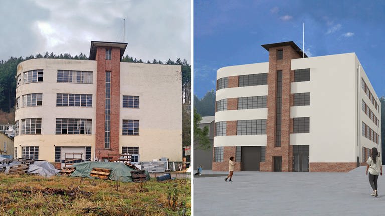 Bildmontage: bestehendes und zukünftiges Gebäude auf dem Romika-Areal in Gusterath