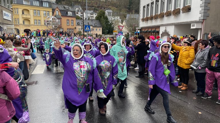 Bejubelt werden die bunten Kostüme beim Rosenmontagsumzug in Idar-Oberstein.