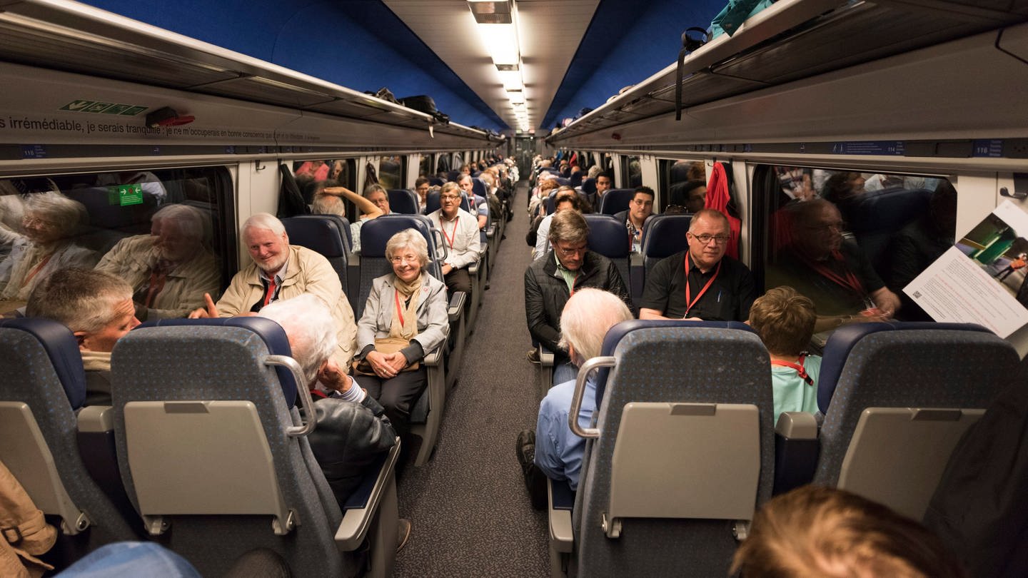 Glückliche Reisende in einem Zug (Foto: dpa Bildfunk, picture-alliance / Reportdienste, Christian Beutler)