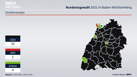 Ergebnisse der Wahlkreise in Baden-Württemberg nach der Erststimme bei der Bundestagswahl 2021. (Foto: SWR, infratest dimap)