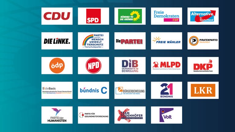 Logos der 24 Parteien die in Baden-Württemberg zur Bundestagswahl 2021 zugelassen sind (Foto: SWR)