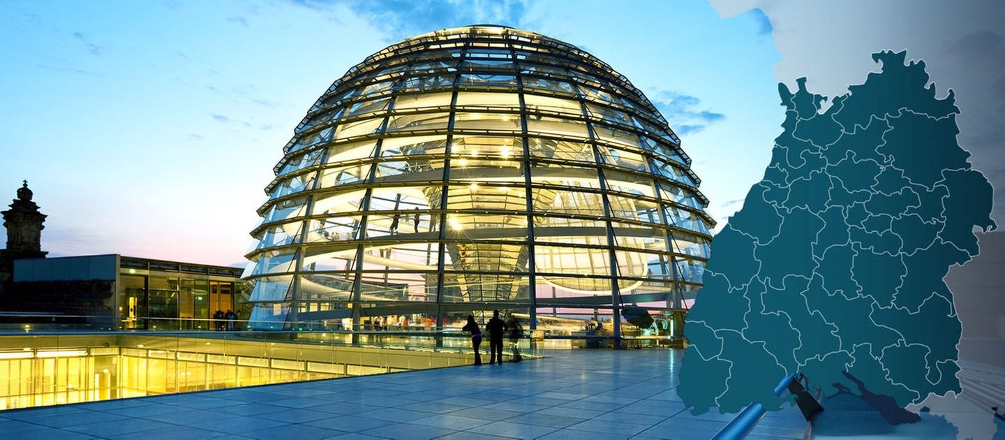 Außenansicht der Reichstagskuppel mit Wahlkreis-Karte von Baden-Württemberg, Symbolbild für den SWR Wahkreischeck zur Bundestagswahl 2021