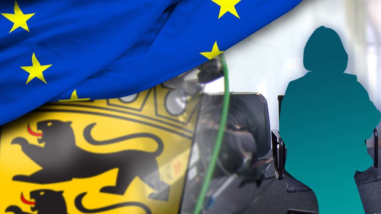 Europawahlcheck zur Europawahl 2019, EU-Flagge, Wappen von Baden-Württemberg, Set des SWR-Europawahlcheck mit Schattenfigur (Foto: SWR, Montage)