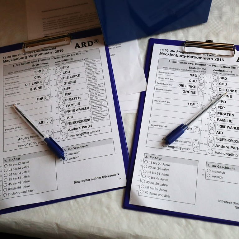 Unterlagen von Infratest liegen in einem Wahllokal auf einem Tisch. (Foto: dpa Bildfunk, Christian Charisius)