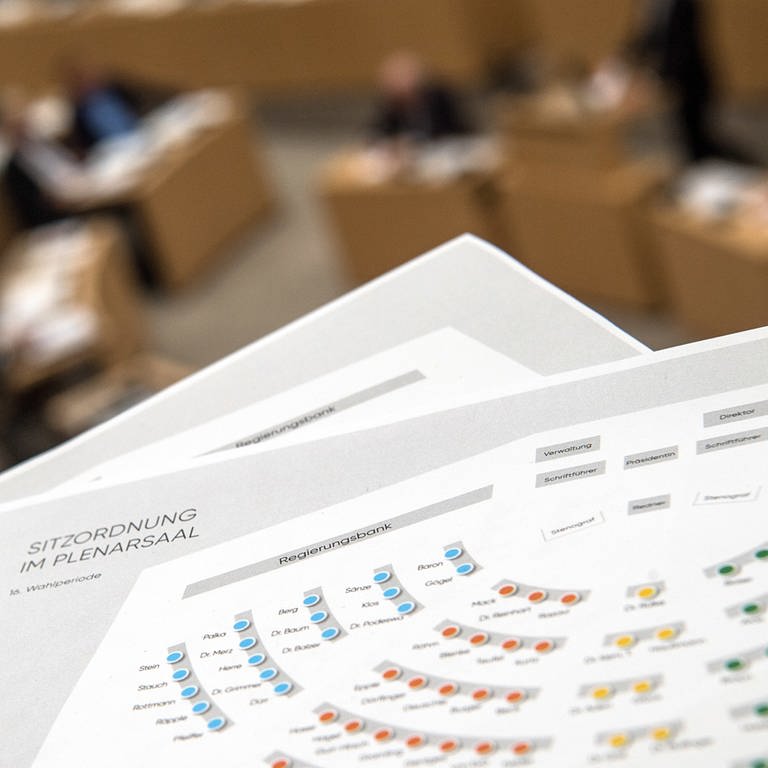 Ein Plan der Sitzordnung der Fraktionen im Plenarsaal des Stuttgarter Landtages. (Foto: dpa Bildfunk, Sebastian Gollnow)