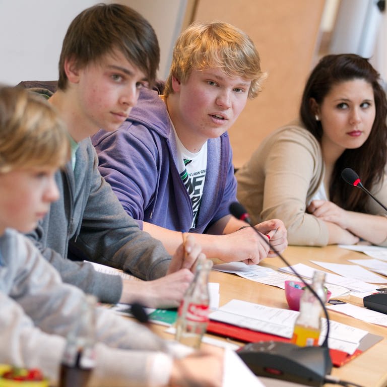 Junge Menschen nehmen im Sitzungssaal an einer öffentlichen Sitzung vom Kinder- und Jugendparlament teil.