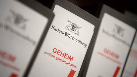 Aktenordner, die mit dem Hinweis "Baden-Württemberg Innenministerium-Geheim-amtlich geheimgehalten" beschriften sind.