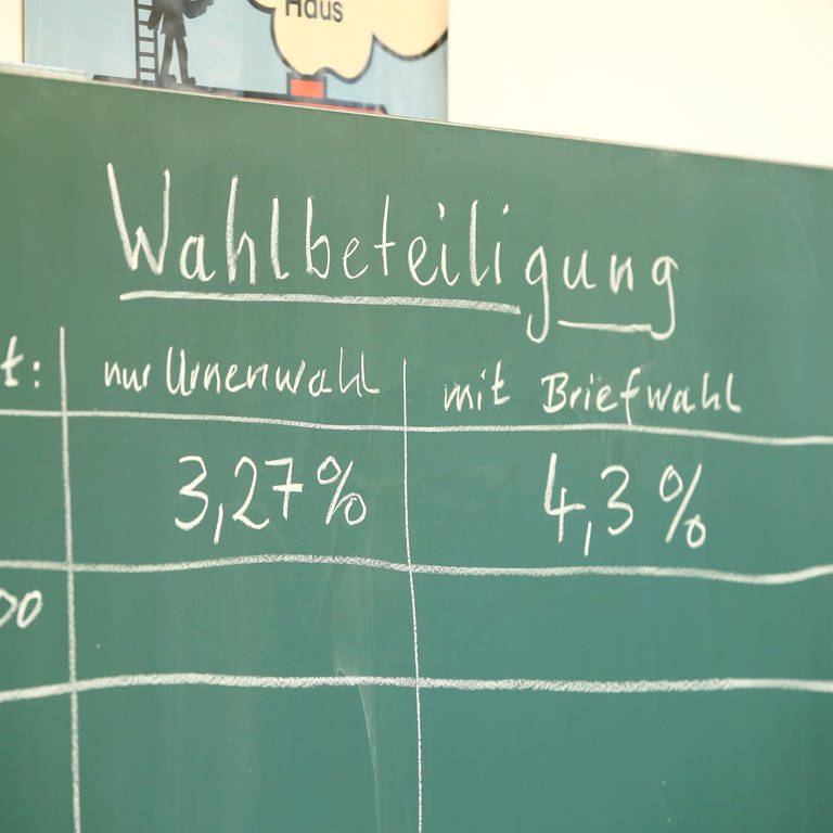 Auf einer Tafel in einer Schule haben die Wahlhelfer die Wahlbeteiligung von neun Uhr notiert.