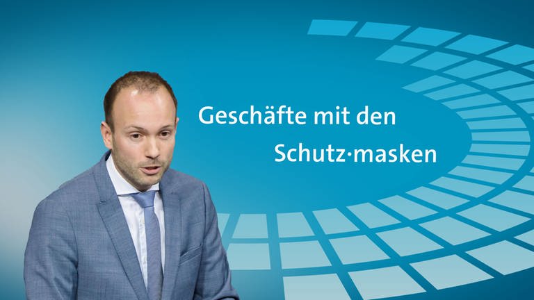 CDU-Politiker Nikolas Löbel auf blauer Grafik, dazu Schriftzug: Geschäfte mit den Schutz·masken (Foto: SWR, IMAGO, Christian Spicker, Collage SWR)