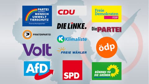 Logos aller Parteien, die in Rheinland-Pfalz bei der Landtagswahl 2021 zur Wahl stehen (Foto: SWR)