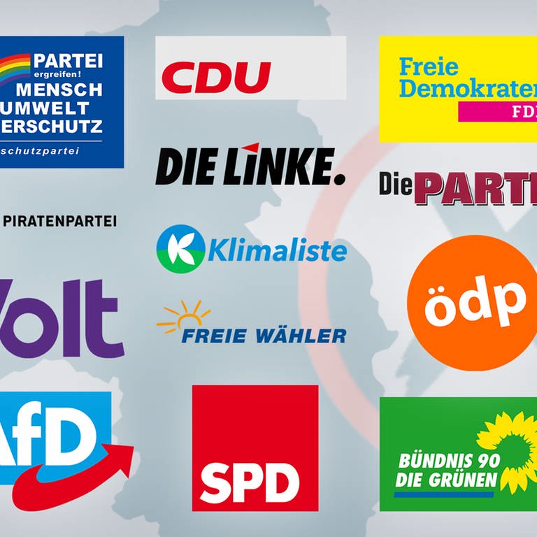 Logos aller Parteien, die in Rheinland-Pfalz bei der Landtagswahl 2021 zur Wahl stehen