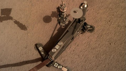 Der in Deutschland entwickelte "Maulwurf" HP3 hat es bislang nicht geschafft, mit seiner Rammsonde etwas tiefere Schichten der Marsoberfläche zu erkunden. (Foto: Pressestelle, NASA/DLR)