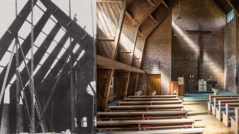 Die Bildcollage zeigt links den Bau der Lutherkirche 1949, rechts die Innenansicht der Lutherkirche heute. Das vorgefertigte Holzskelett lässt sich in beiden Aufnahmen gut erkennen. (Foto: Evangelische Luthergemeinde Mainz -)