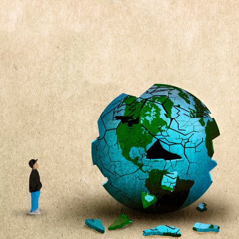 Symbolbild: Ein kleiner Junge schaut auf eine kaputte Erde (Zeichnung) (Foto: picture-alliance / Reportdienste, picture alliane / Westend61 I Gary Waters)