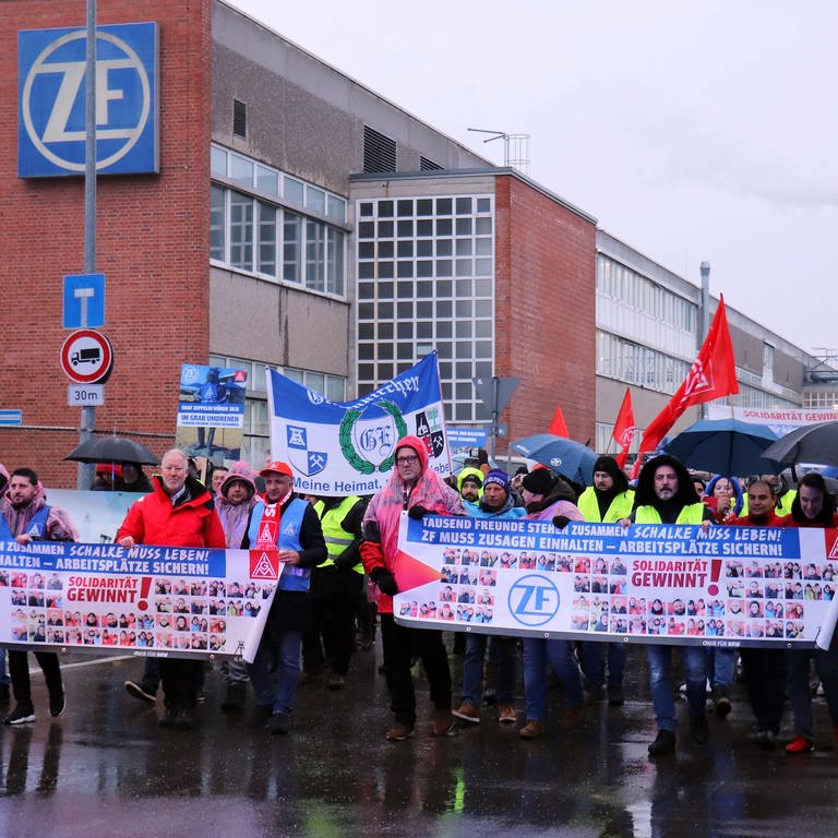 Mitarbeiter des Autozulieferers ZF bei einem Protestmarsch (Foto: picture-alliance / Reportdienste, dpa Bildfunk, picture alliance/dpa/ZF-Gesamtbetriebsrat | Gunnar M. Flotow)