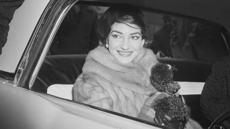 Eine lächelnde Maria Callas im Auto mit ihrem Pudel „Toy“ (Foto: picture-alliance / Reportdienste, picture alliance / ASSOCIATED PRESS | Charles Knoblock)