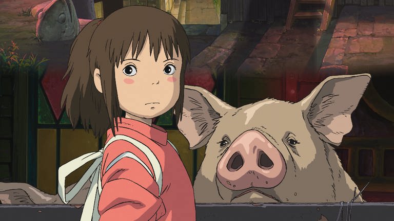 Szene aus einem Zeichenntrickfilm: Chihiro steht vor ihren Eltern, die in Schweine verwandelt worden sind