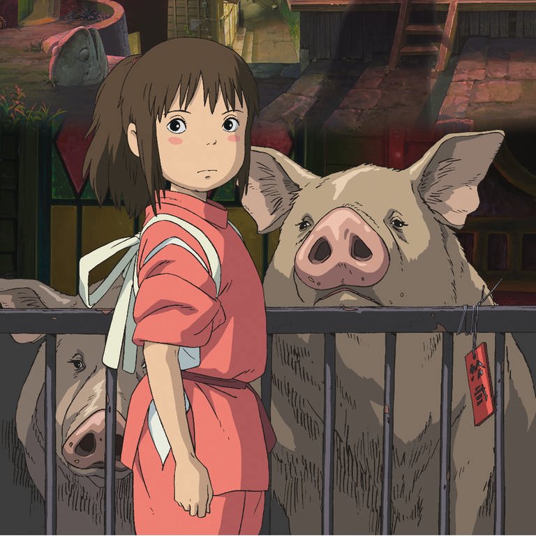 Szene aus einem Zeichenntrickfilm: Chihiro steht vor ihren Eltern, die in Schweine verwandelt worden sind