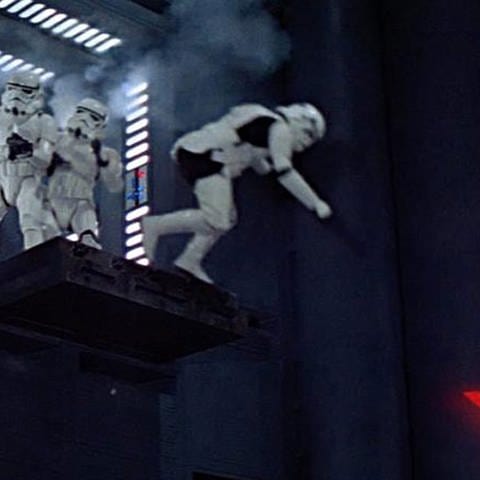 Szene aus "Star War a New Hope", Stormtrooper schreit bei stürzen.